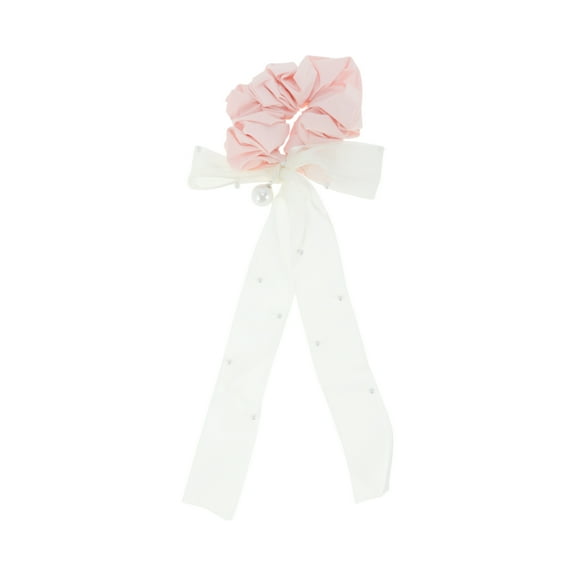 Unique Bargains 1 Pc Scrunchie Fashion Mesh Ribbon Pearl Hair Elastics Beige Pink