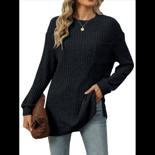 Camiseta de Larga con Cuello Redondo, Rayas, Color Liso y Abertura para Mujer, Otoño/Invierno 2025, con Bolsillo en el Pecho Negro XL