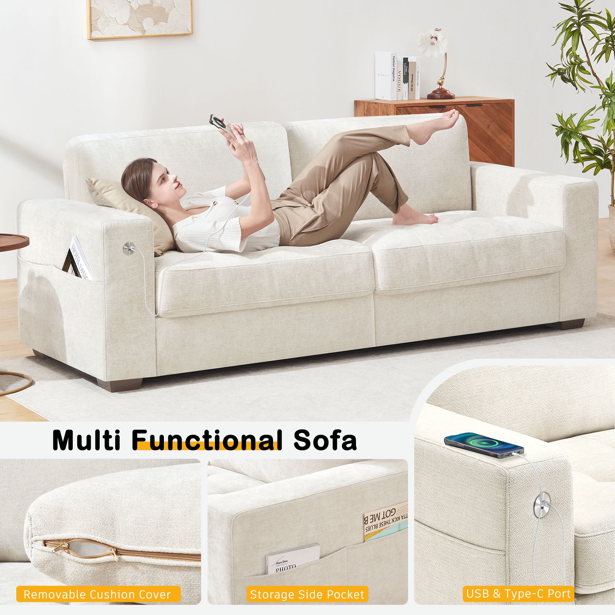 Bedluxury 89" Deep Sofa Couch with USB/Type-C Charging, Storage Pocket & Wide Armrest, Removable Cover, Seats 3 Adults, Chenille Beige