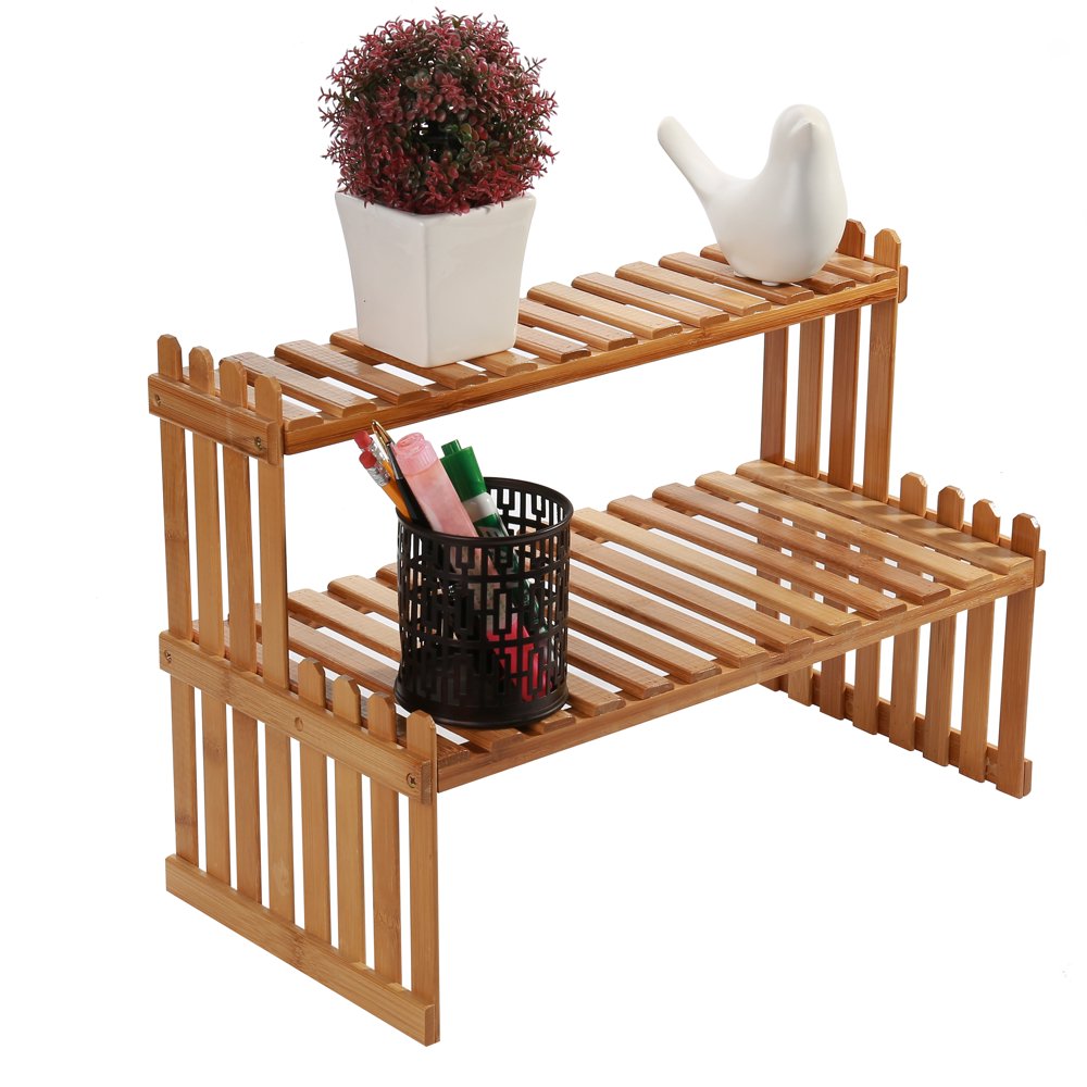 MyGift 2Tier Natural Bamboo Table Top Plant Stand, Desktop StairLike