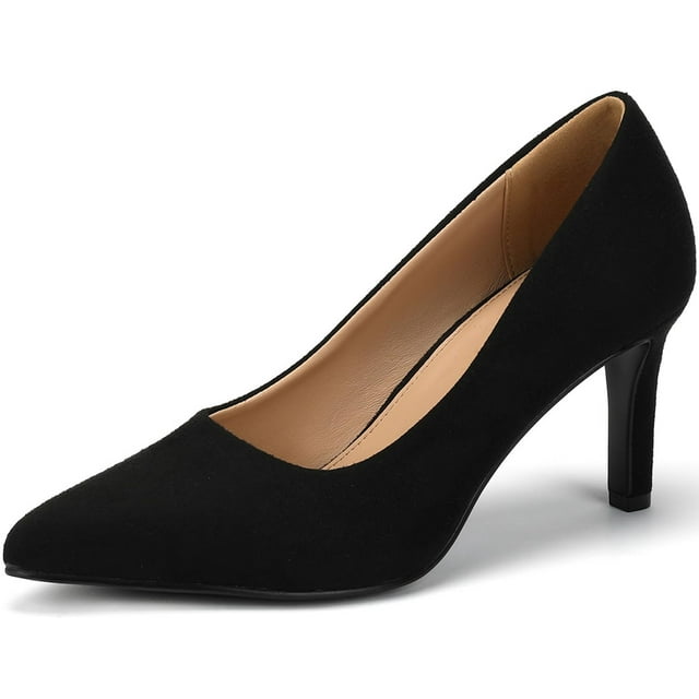 tacones dobolin para mujer, puntera puntiaguda, tacón de aguja, 7,5 cm, color negro — Zapato de tacón DOBOLIN en gamuza negra, vista lateral 3/4; puntera puntiaguda, tacón de aguja de 7,5 cm, plantilla interior tono piel y suela antideslizante TPR, indicado para bodas y fiestas.