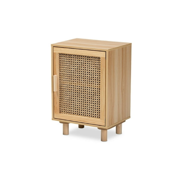 Baxton Studio Maclean Mid-Century Modern Rattan and Natural Brown Finished Wood 1-Door Nightstand,Wholesale Interiors