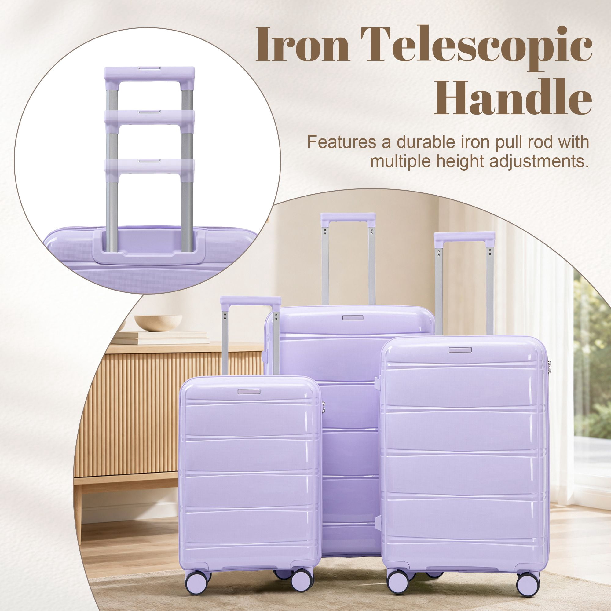 Alvantor 3 Piece Hardshell Luggage Set PP Hardside Suitcase with Iron Telescopic Handle Side Hook 20"24"28"(Purple)