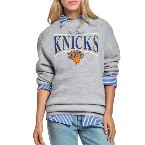 Women's Starter Gray New York Knicks Arch Stripe Fleece Crewneck Sweatshirt