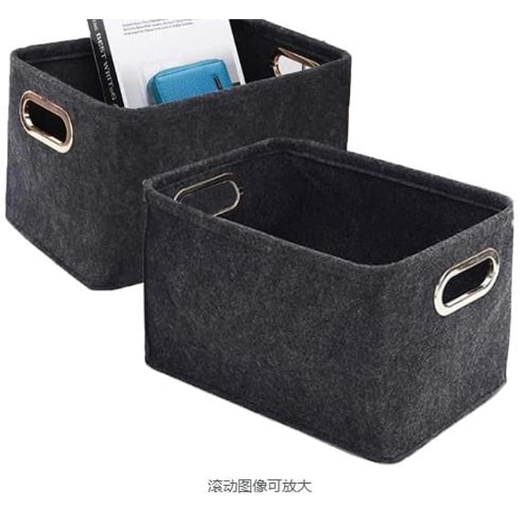 WEUVEB 2Pcs Black Felt Basket with Handles Foldable Storage Bin for Bedroom and Office