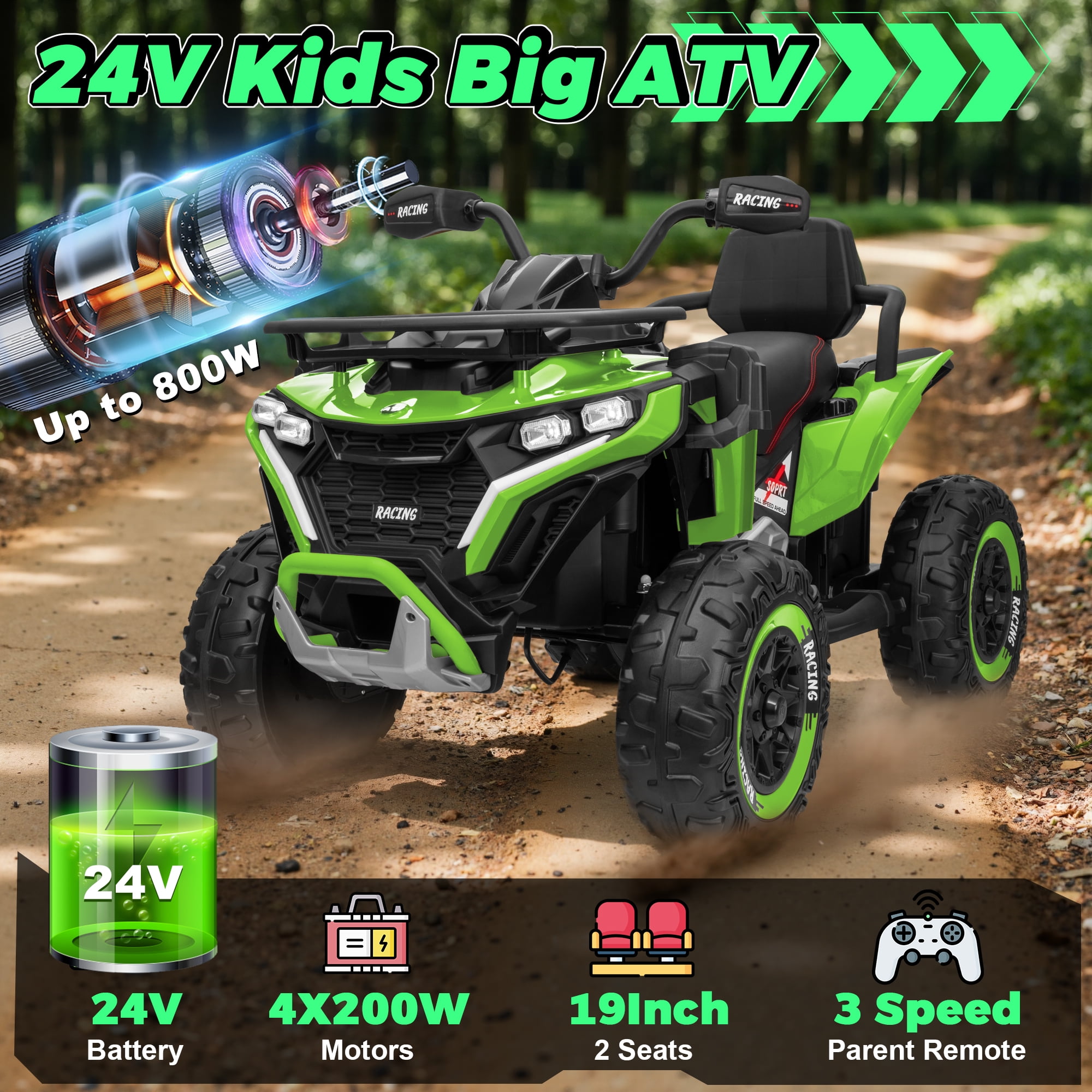 Jorfly 24V Ride on ATV Toys,Power ATV Wheels with Motor, Remote, Bluetooth Music, Horn, LED for Big Kids Gift,Green