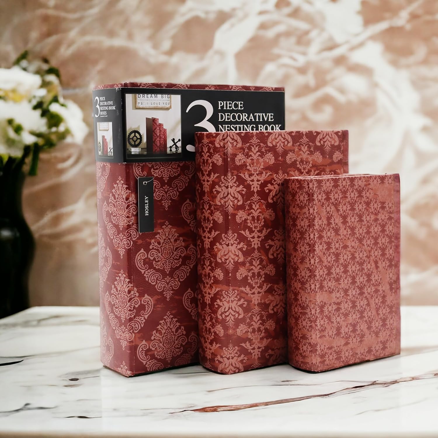 Hosley Home Wooden Storage Farmhouse Memory Book Boxes Set of 3, Red Brown & Gold Paisley - image 3 of 8