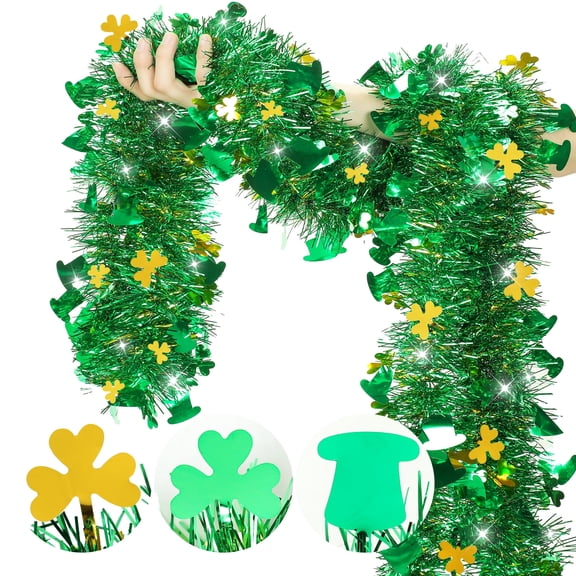 33 FT St Patricks Day Garland with Gold Green Shamrock Hat Tinsel Garland,Shiny Metallic Garlands St Patricks Day Decor for Home Indoor Outdoor St Patricks Party Supplies
