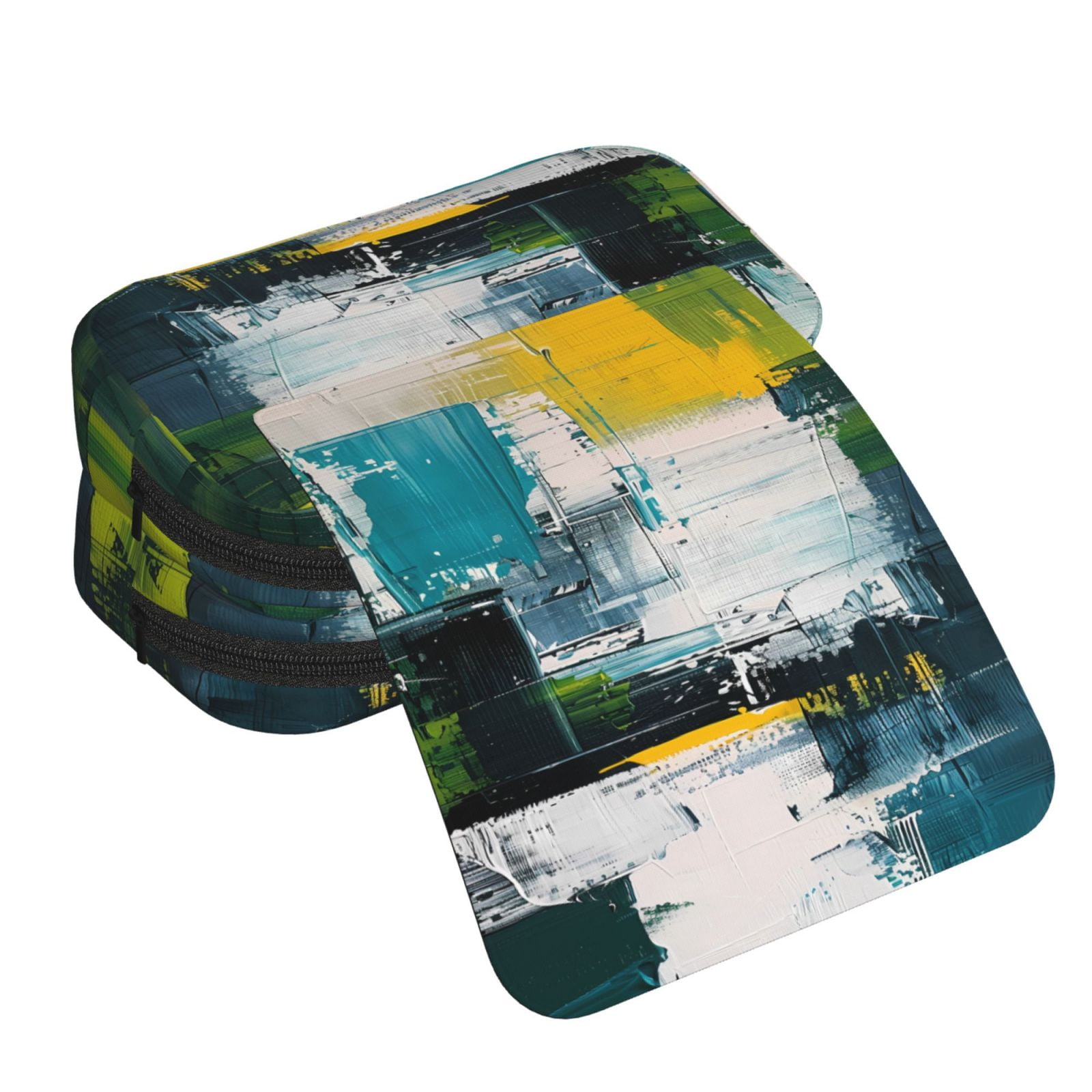 Rateoe Abstract Brushstrokes Green Blue Pattern Double Clamshell Pen Case, Storage Organizer with Two Zipper Compartments– Holds Up to 50 Pencils & Pens