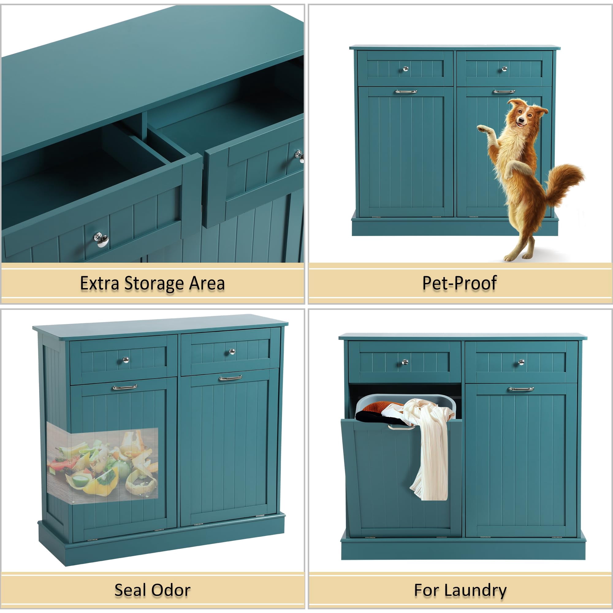 KIGOTY Dual Kitchen Trash Cabinet, Double Tilt Out Trash Can Cabinet with Countertop and Drawer, Free-Standing Pet Proof Recycling Cabinet Garbage Can Holder (Lake Blue)