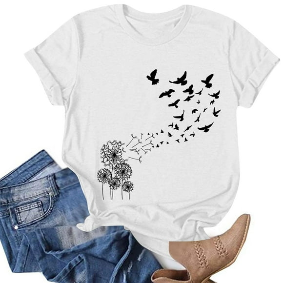 Womens Tops Dressy 2024 Womens Basic Tops Fashion Dandelion Printed Blouse Summer Short Sleeve Tees Crew Neck T-Shirts Comfy Soft Tunics Ropa Para AñO Nuevo De Mujer Elegante 2024