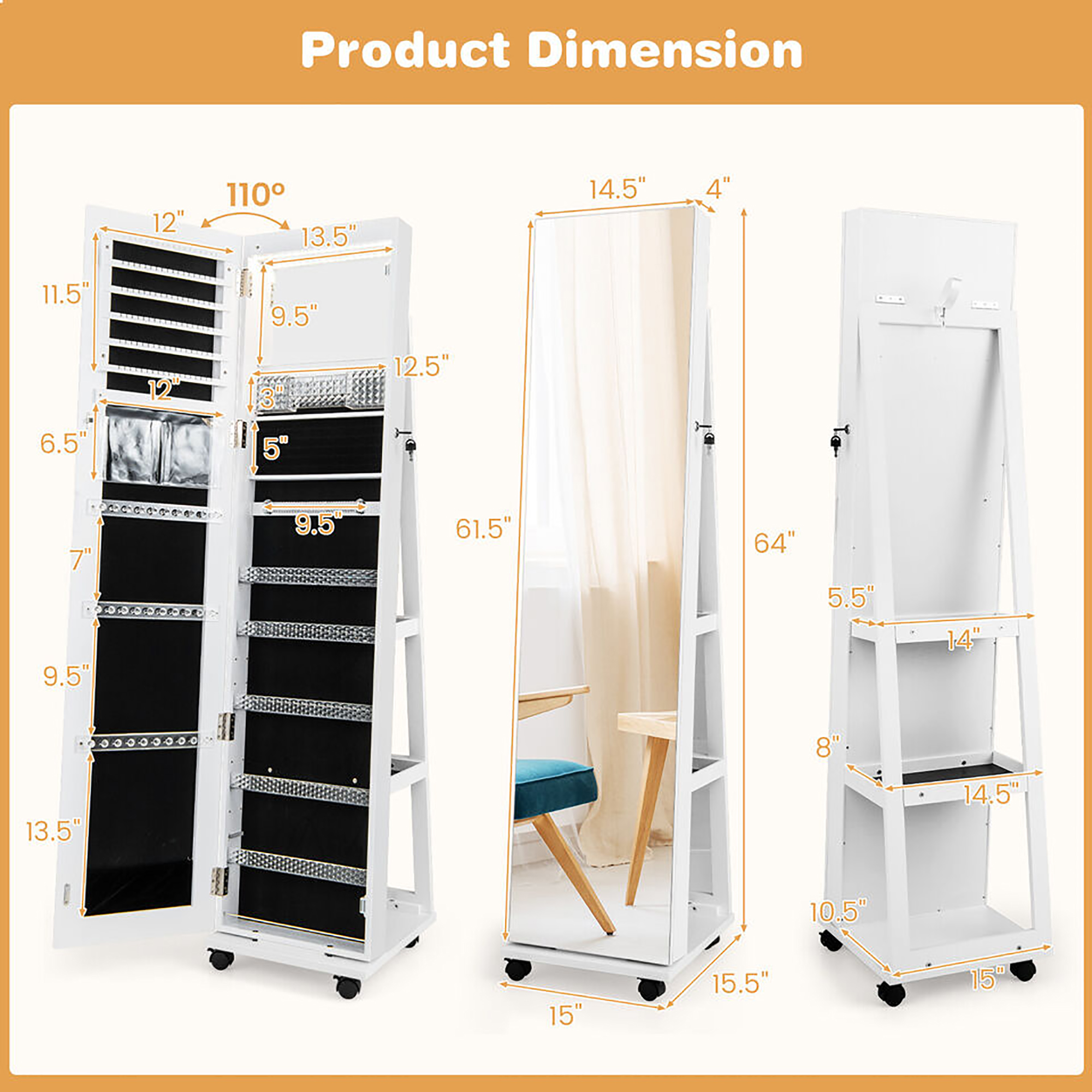 Gymax 64'' Jewelry Organizer Lockable Jewelry Cabinet Armoire w