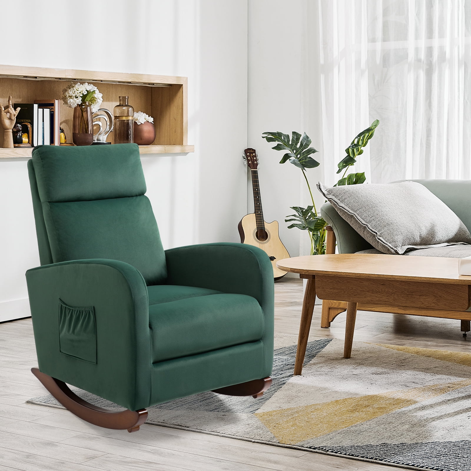 Homhum Mid-Century Nursery Rocking Chair, Upholstered Velvet High Back Arm Chair, Green