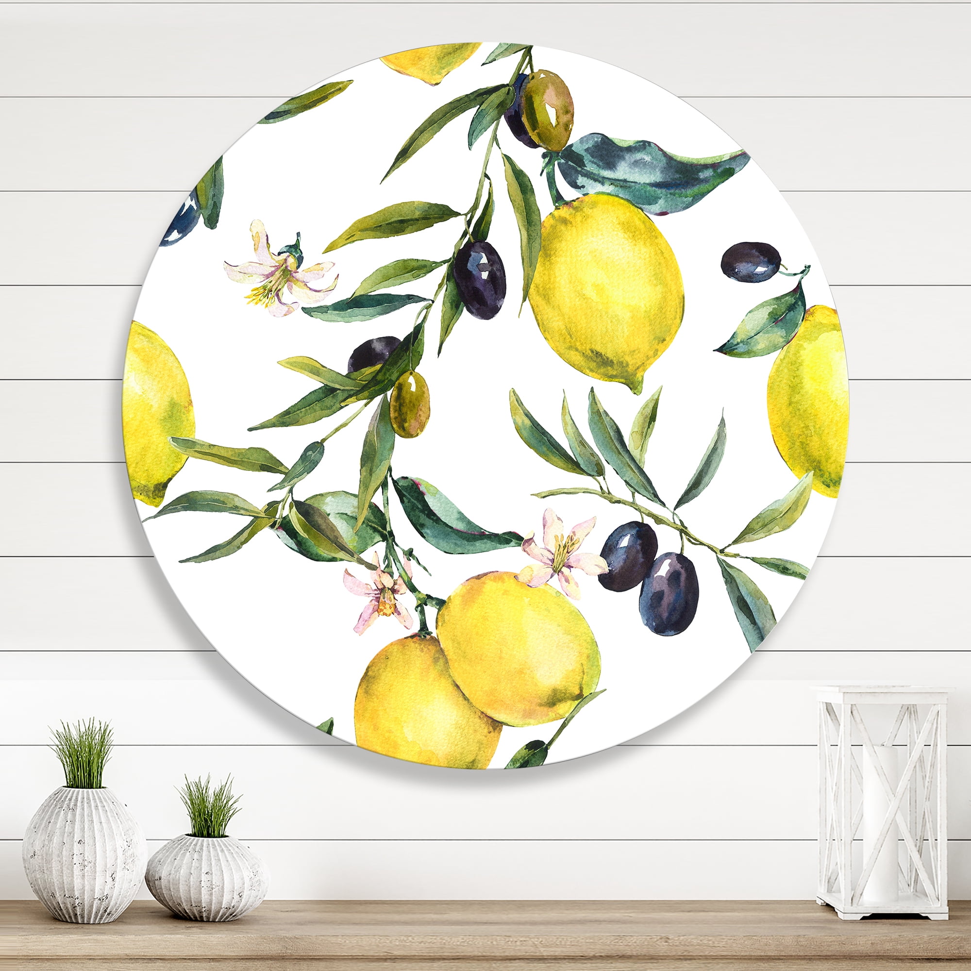 Designart 'Olive and Lemon Branches II' Tropical Circle Metal Wall Art 11x11 - Disc of 11