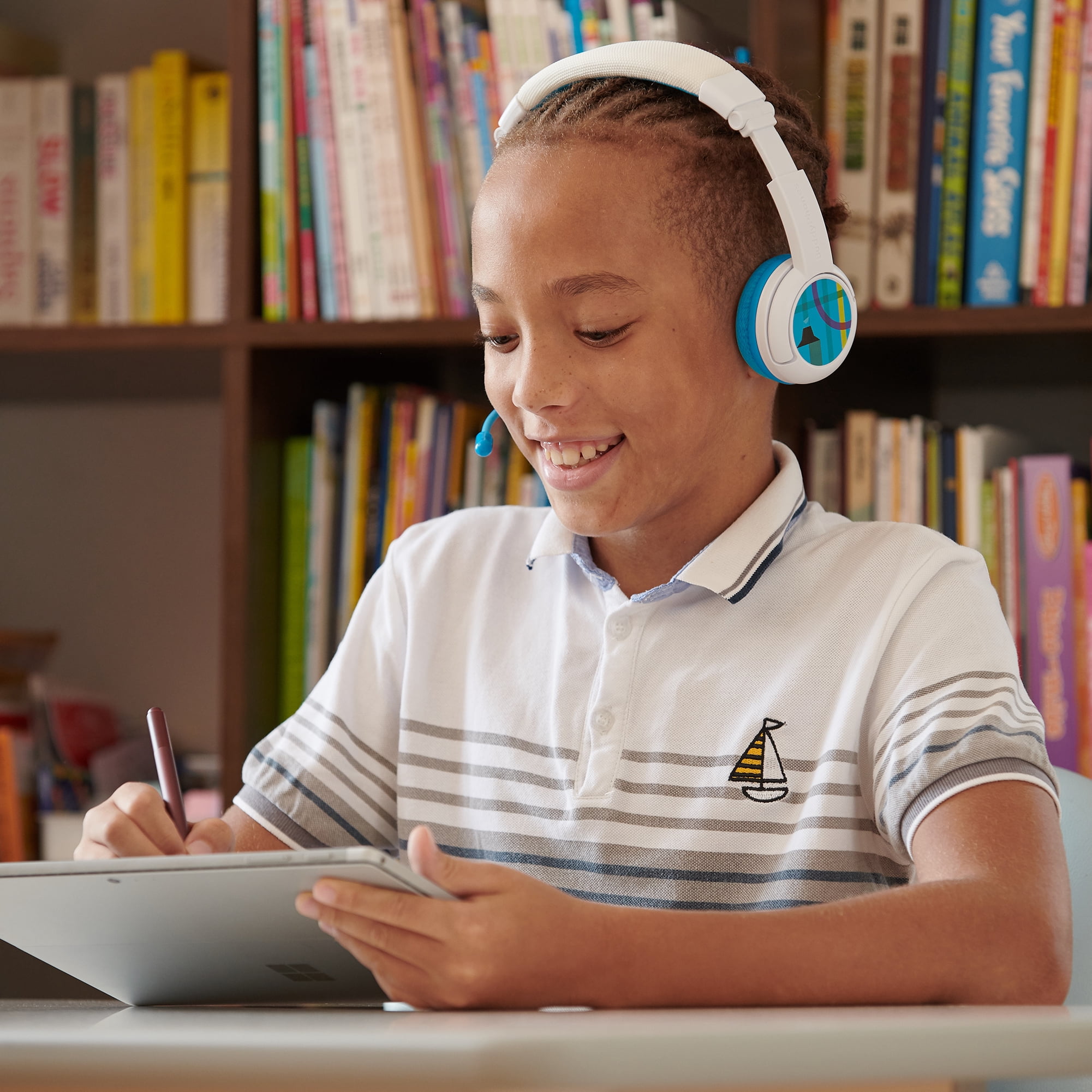 BuddyPhones School+ Wireless, On-Ear Bluetooth Foldable Kids Headphones with Detachable Boom Mic, 3 Volume Limiting Settings, Voice Enhance StudyMode, 20-Hrs Battery, Customizable Stickers, Blue