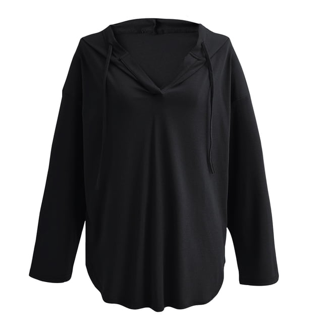 Timegard Chandails à Capuchon pour Femmes Col en V Ajusté Blouse de Couleur Unie Automne Décontracté Confortable Chemises Mi-Longues Hauts