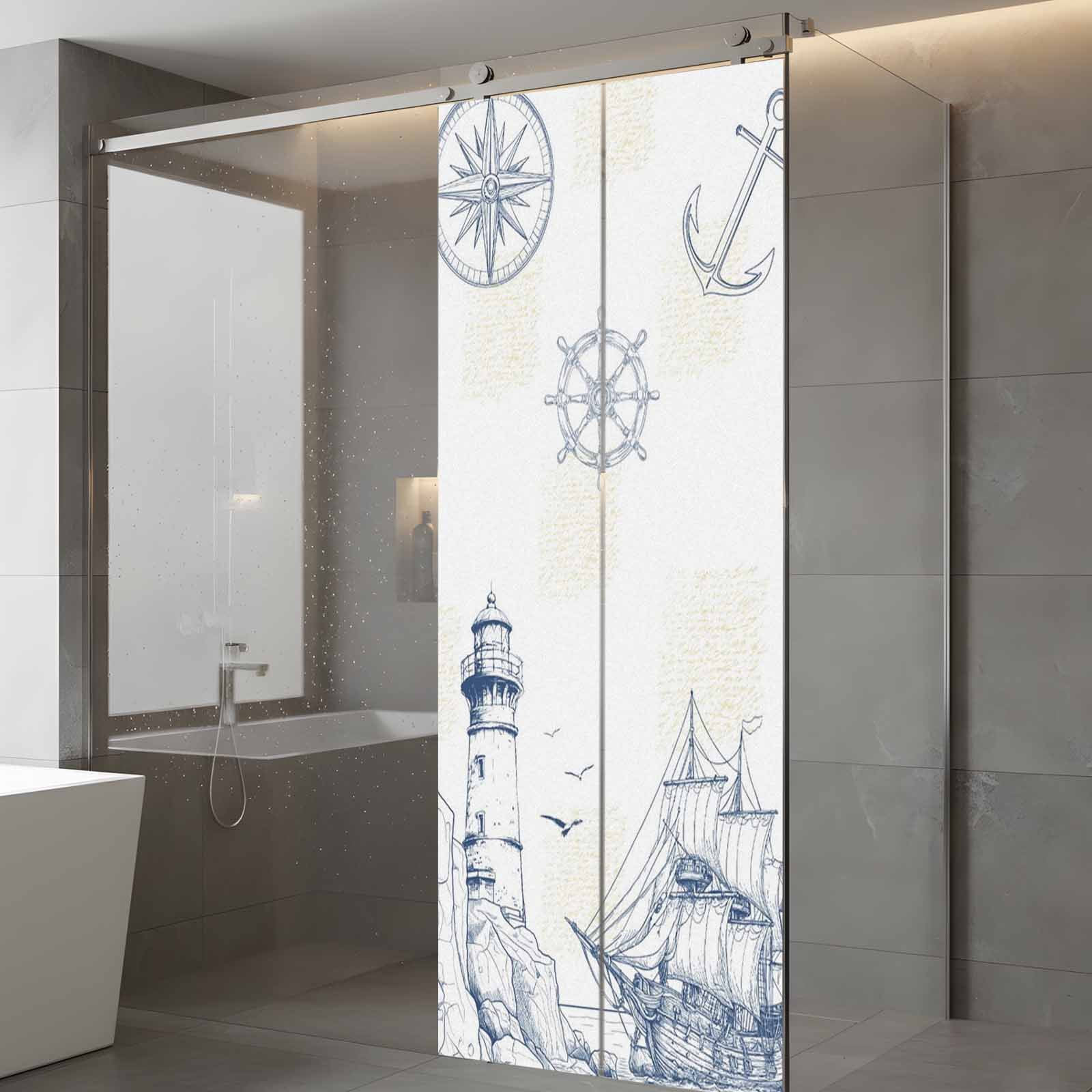 Lighthouse Sailboat Seagull Window Privacy Film, Nautical Ship Ocean Blue Sketch Frosted Glass Window Clings Static Cling UV Heat Blocking Reusable Door Sticker for Bathroom 23.6 x 59 Inch