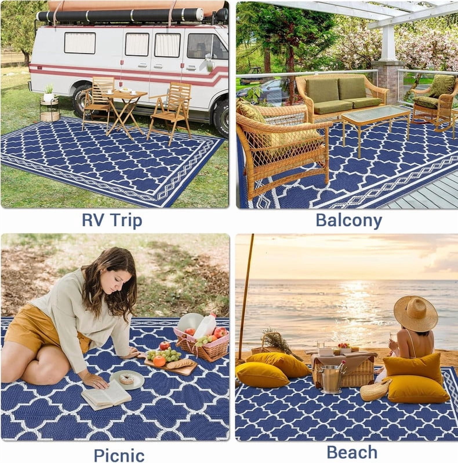 Outdoor Rug 8x10 Reversible Mats, Plastic Straw Rug, Large Floor Mat and Rug for Outdoors, Modern Area Rug, Patio, Backyard, Deck, Picnic, Beach, Trailer, Camping, Navy/White(Geometric)