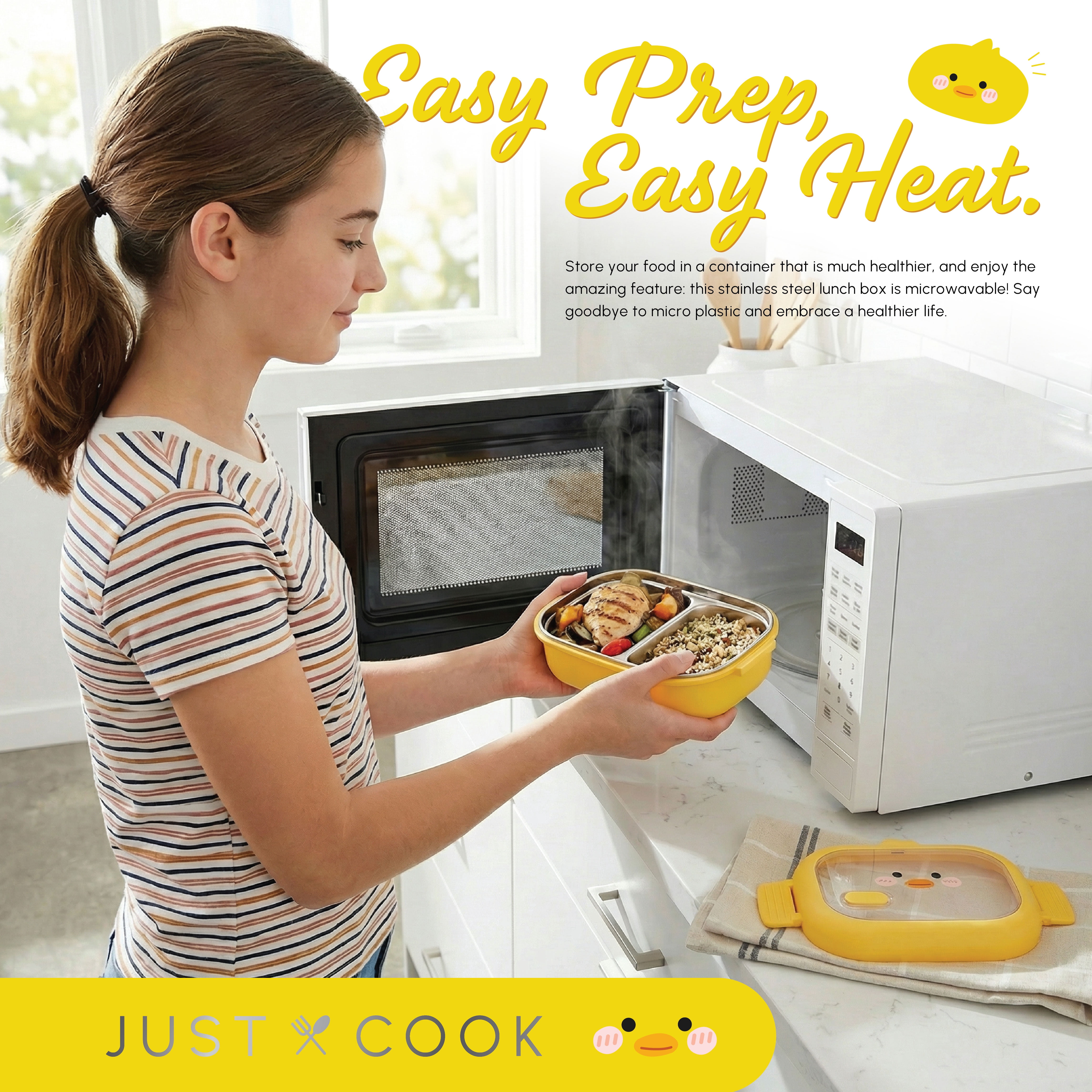 Just Cook 2 Section Duck Locktop Microwave Safe Stainless Steel Bento 1000 ml (Yellow)