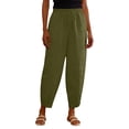 thumbnail image 4 of TZZQ Linen Capris Pants for Women Petite Beach Pants Straight Wide Leg Casual Drawstring Elastic Waist Cropped Trousers with Pockets Loose Comfy Summer Ankle Length Trousers Blackish Green S, 4 of 9