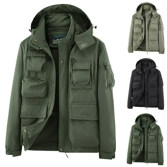 Miluxas Men's Casual Jackets Outdoor Functional Workwear Jacket with Hood and Sleeves Versatile Pockets Khaki