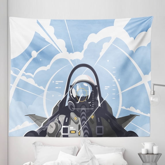 Airplane Cockpit Tapestry, Modern Illustration Flight Aeroplane Airshow Pilot Sky Clouds, Fabric Wall Hanging Decor for Bedroom Living Room Dorm, 5 Sizes, Pale Blue and Dark Grey, by Ambesonne