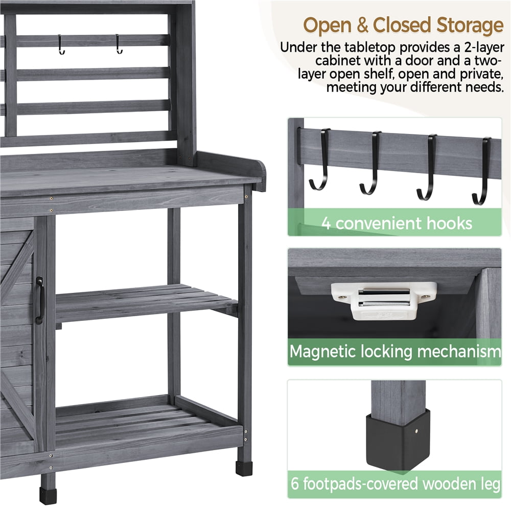 Renwick 4-layer Garden Work Bench with Cabinet & Open Shelf, Gray