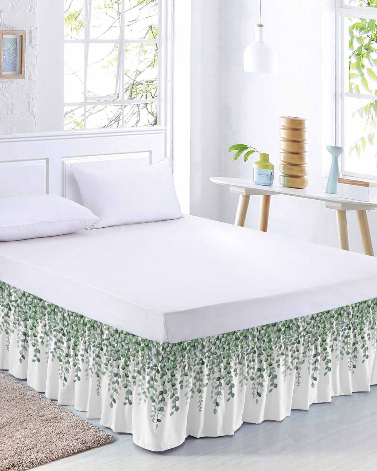 Spring Leaf Bed Skirt King Size 16 Inch Drop, Country Watercolor Green Eucalyptus Leaves Flora Plant Adjustable Elastic Dust Ruffles Bedskirt for King Bed Wrap Around Pleated Mattress Frame Cover