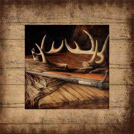 Deer Buck Hunting Antlers Gun Ammo Wood Grain Distressed Lake Lodge Painting Tan & Brown Canvas Art by Pied Piper