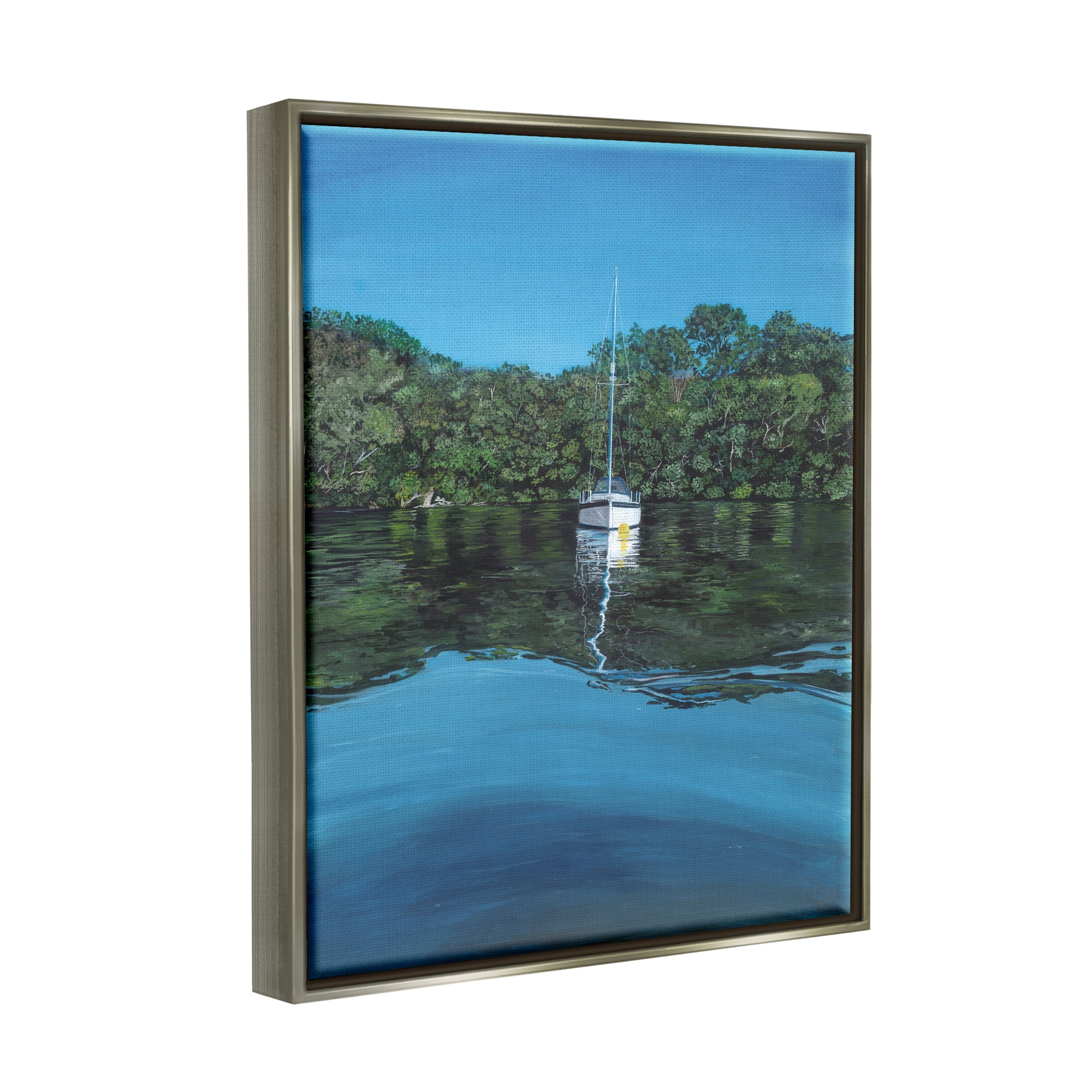 Stupell Industries Boat on Sea Ripples Transportation Painting Gray Floater Framed Art Print Wall Art, 17 x 21