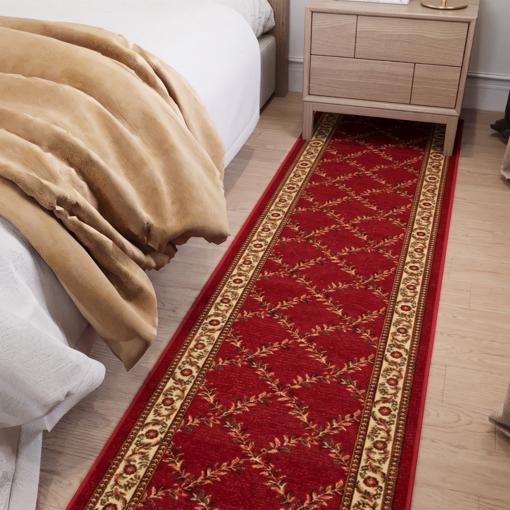 Ottomanson Extra Long Runner Rug 1'10.5" x 13' – Non-Slip Low Pile Hallway Carpet, Trellis Burgundy Red