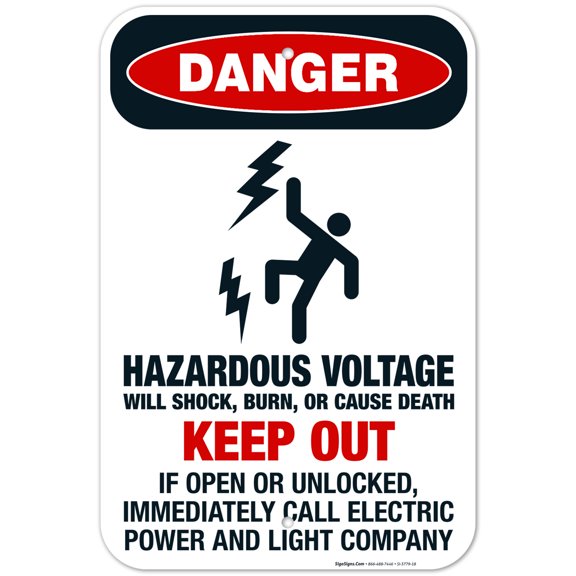 Hazardous Voltage Will Shock, Burn, Or cause Death Sign, OSHA Danger Sign, 12x18 Aluminum