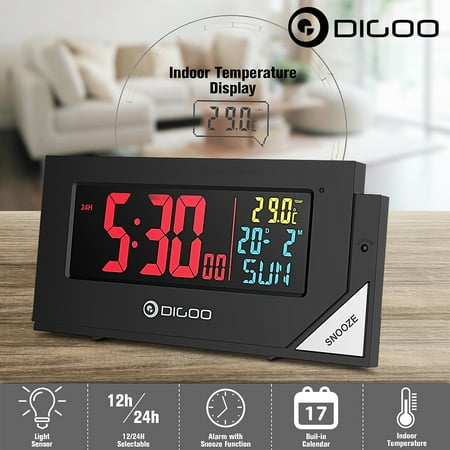 Outdoor Clock With Thermometer Digital Alarm Clock, DIGOO DG-C8 Automatic-Dimming Colorful Clock with Light Sensor, Thermometer Display, Snooze Function and Built-in Calendar, USB Charging, Back light ()