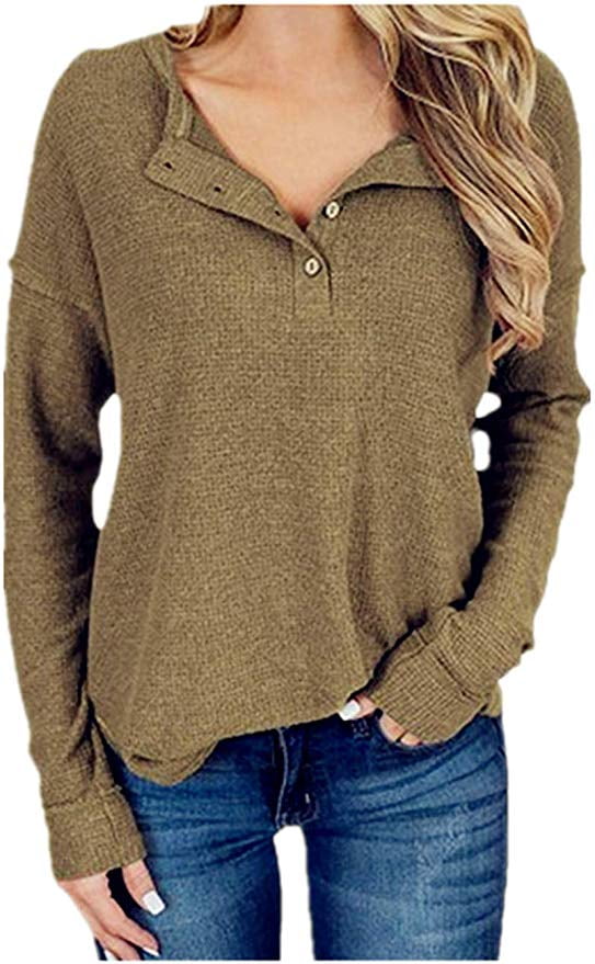 Pink Queen Womens Waffle Knit Henley Shirts Long Sleeve Shirt Tops V