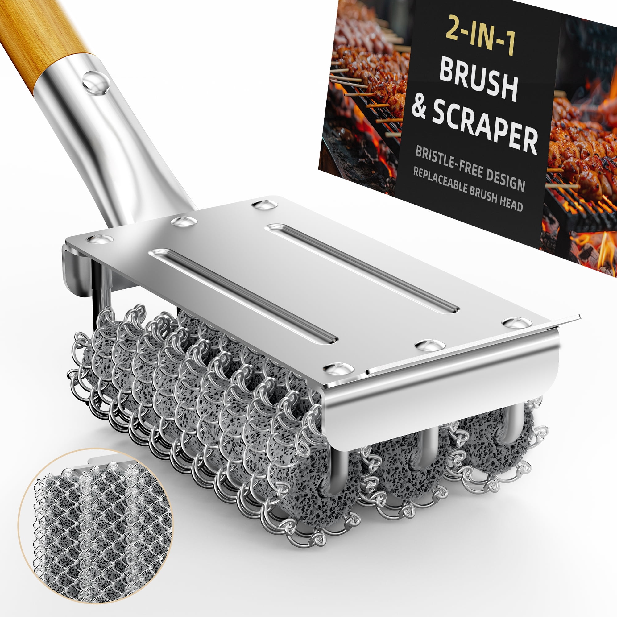Rosaver Grill Brush with Scraper, Bristle-Free Stainless Steel BBQ Cleaner, Safe for All Grill Types, Detachable Replacement Head, Ideal for Outdoor BBQ & Camping