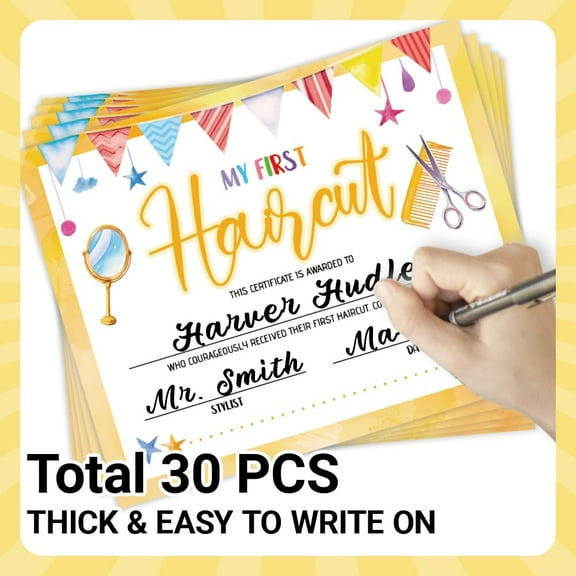 1 set 30 My First Haircut Certificates Award Paper for Baby 9.8" x 7.8" Blank Haircut Keepsake Certificates Milestone Marker with Gold Flag for Hair Salon Barbershop