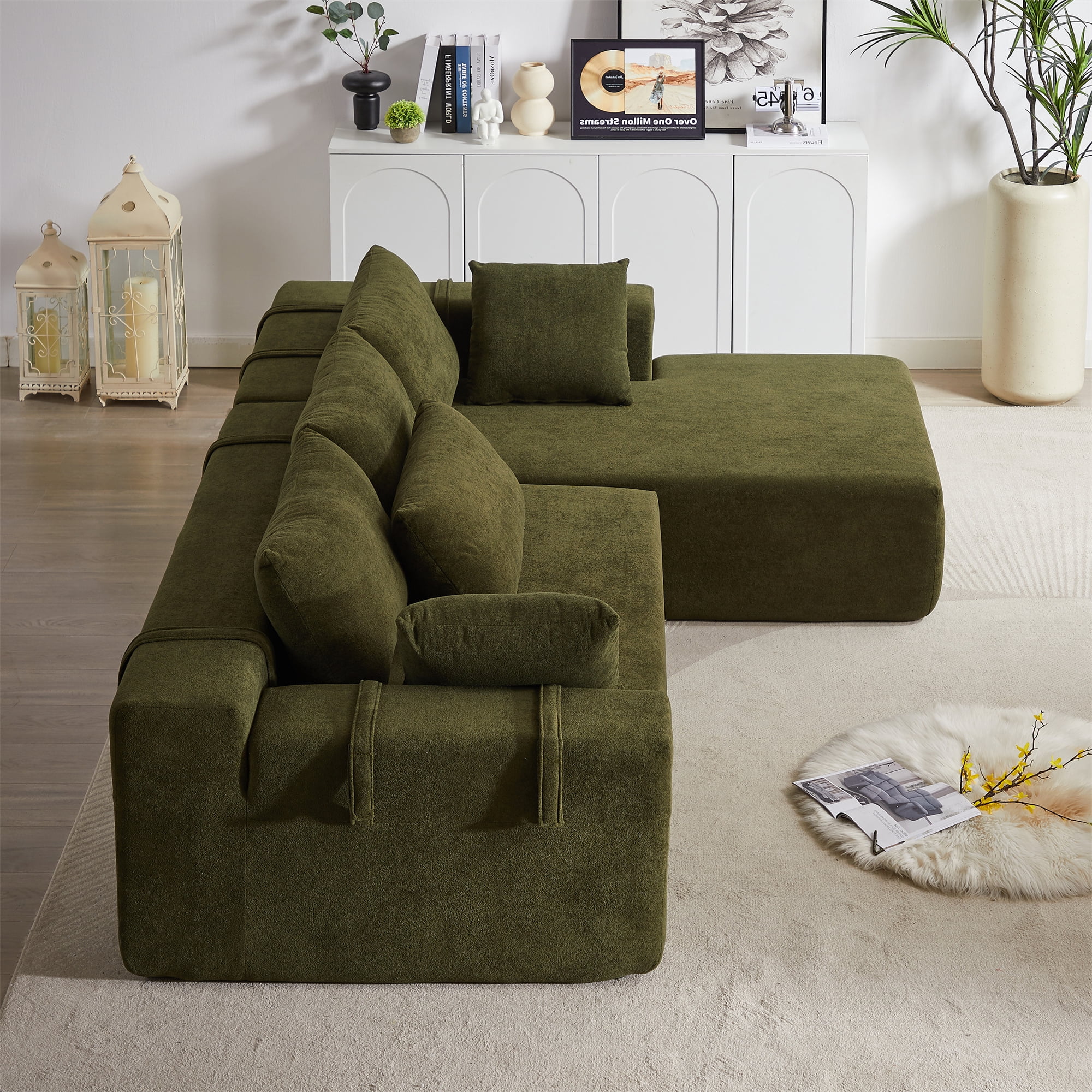 Aukfa 108" Modular Sectional Couch, Deep Seat Cloud Sofa with 6 Pillows, No Assembly, Right Chaise, Green