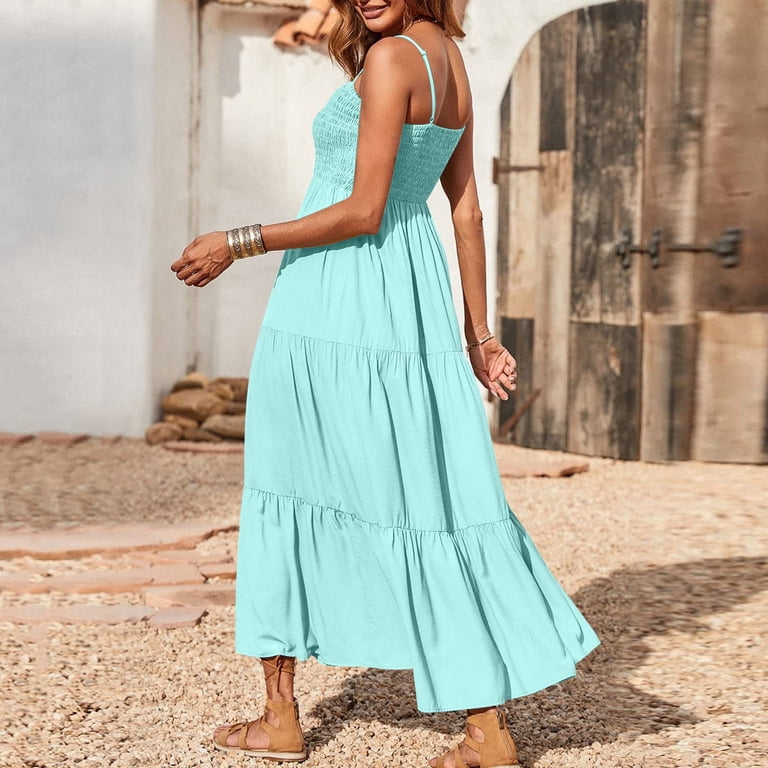 Julmcomo Summer Dresses for Women Smocked Square Neck Spaghetti Strap Comfy Flowy Dresses A Line Ruffle Casual Sundresses Mint Green L, Women's, Size