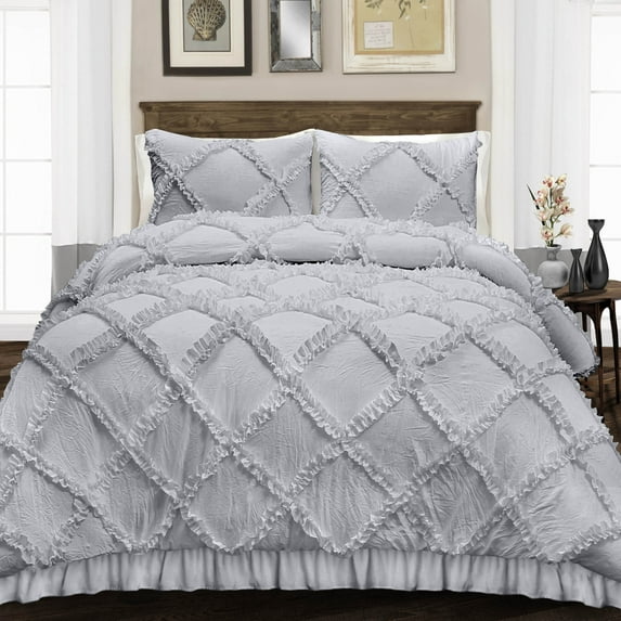 Duvet Cover 3 Piece Egyptian Cotton Cozy & Super Soft 600 TC Diamond Ruffle Duvet Covers with Zipper Closure & Corner Ties Soft Comforter Cover (Oversized Queen, Light Grey )