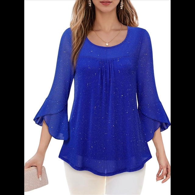 Blusa Elegante con Volantes para Mujer, 3/4, Cuello Redondo, Doble Capa, , Túnica. Azul XXL