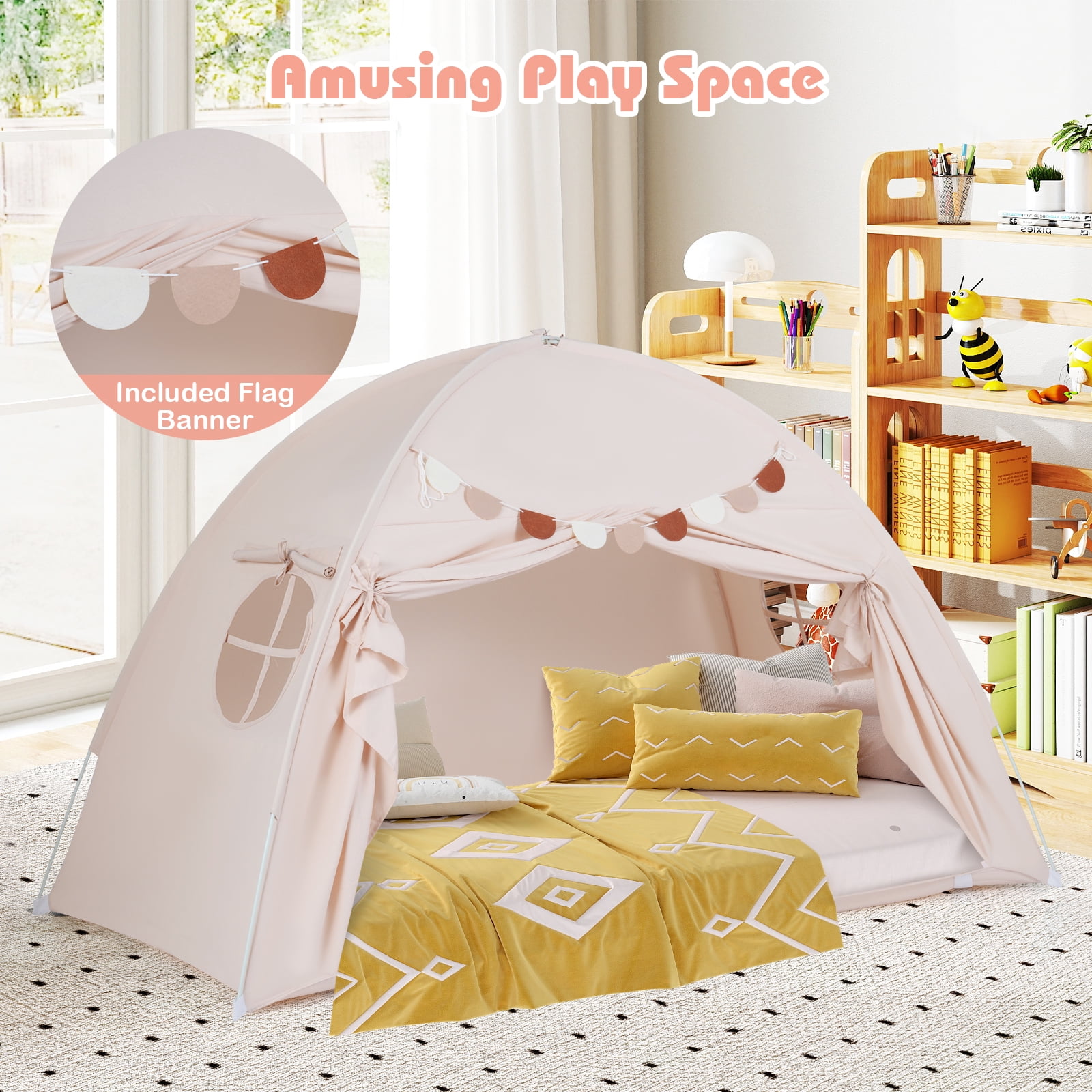 Gymax Twin Full Size Bed Tent w/2 Windows Flags for Boys & Girls Aged 3+ Years Old Beige