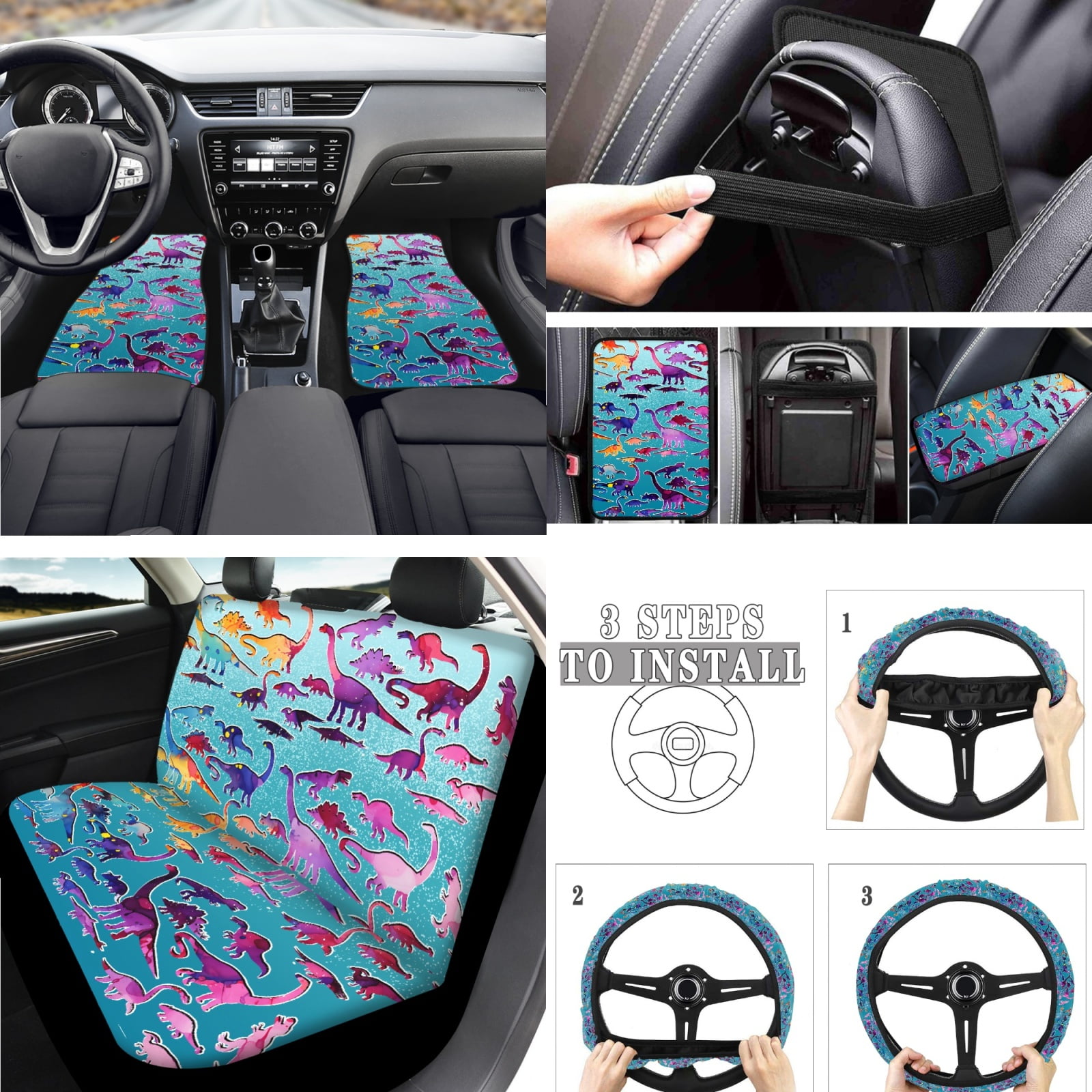Jeiento Dinosaur Automotive Seat Covers Full Set for Men Women Car Floor Mats Steering Wheel Cover Armrest Cover Auto Seatbelt Covers Cup Coasters Keychains 17 Pack Car Accessory Decor