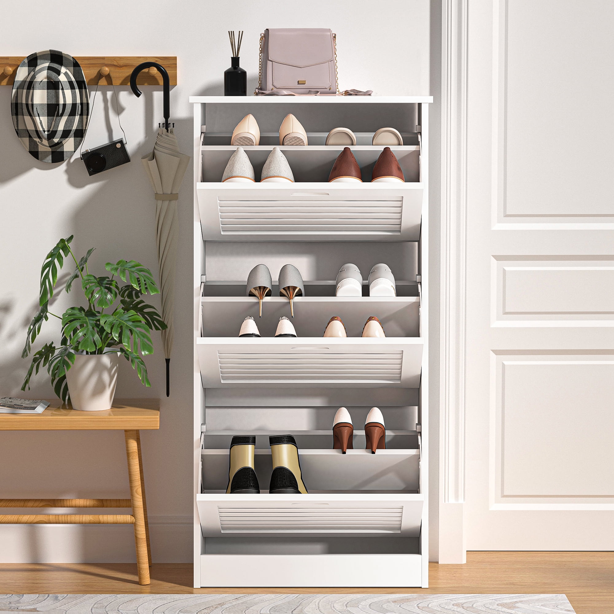 Kadyn Shoe Cabinet, Freestanding Shoe Rack Storage Organizer for Entryway with 3 Flip Drawers, White Wooden Entryway Shoe Storage Organizer Kadyn Shoe Cabinet, Freestanding Shoe Rack Storage Organizer for Entryway with 3 Flip Drawers, White Wooden Entryway Shoe Storage Organizer