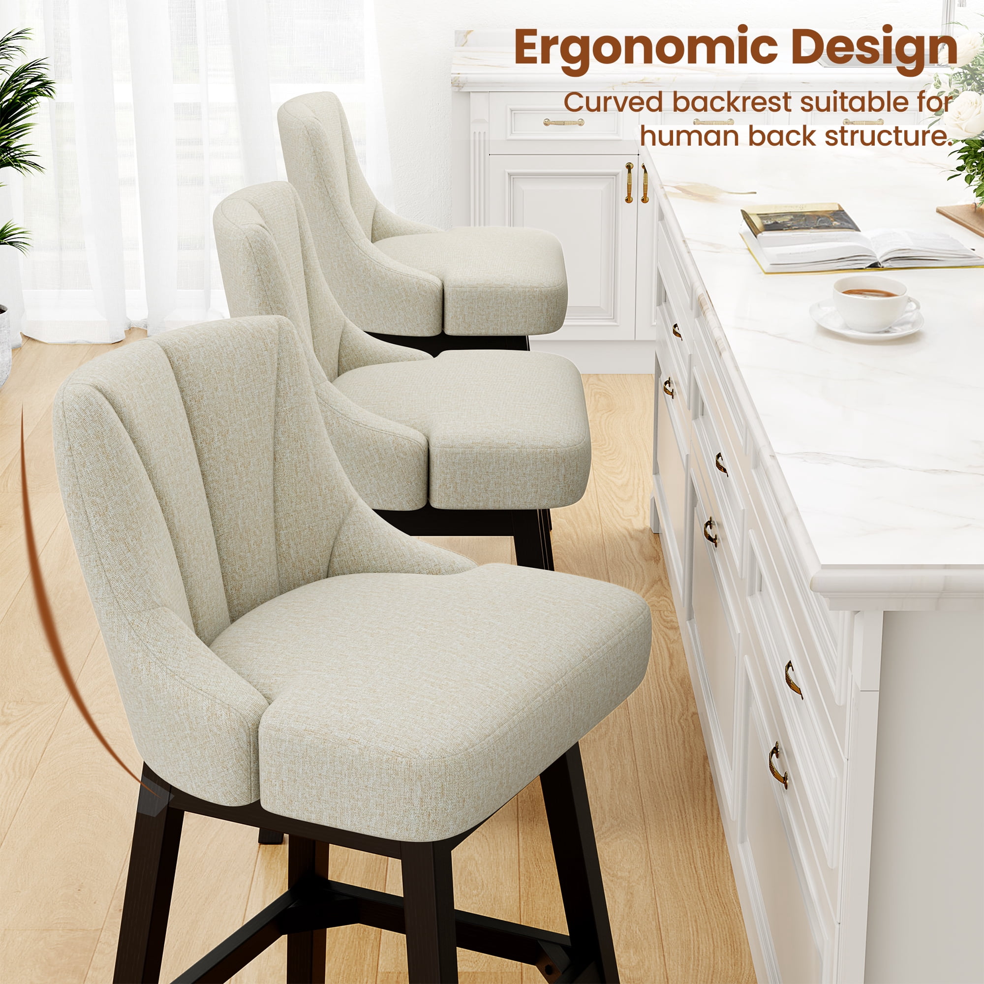 LainTene 26" Swivel Bar Stools with Backs, 26" Counter Height Bar Stools, Extra Upholstered Counter Barstools with Square Solid Wood Legs for Kitchen Island, Dining Room