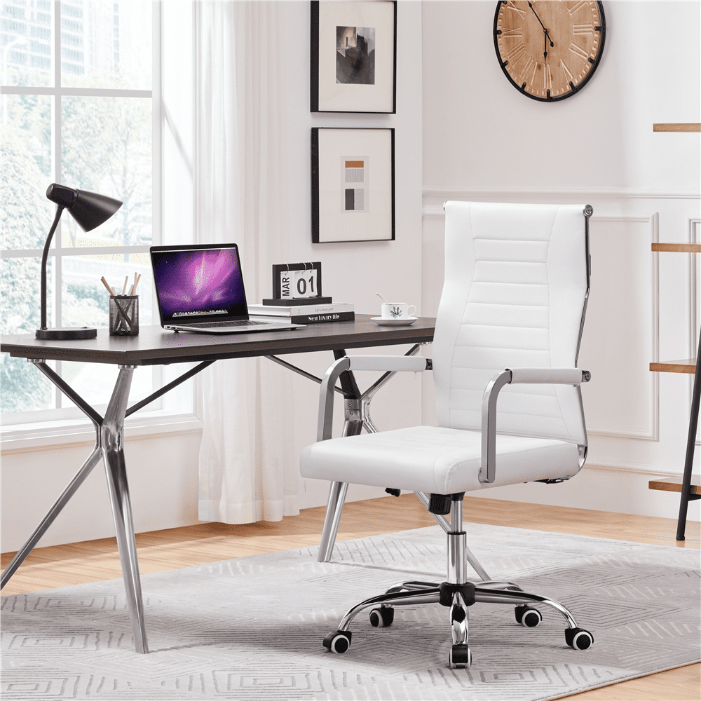 Alden Design Modern Adult Faux Leather Office Desk Chair with Mid-back for Home Office, White