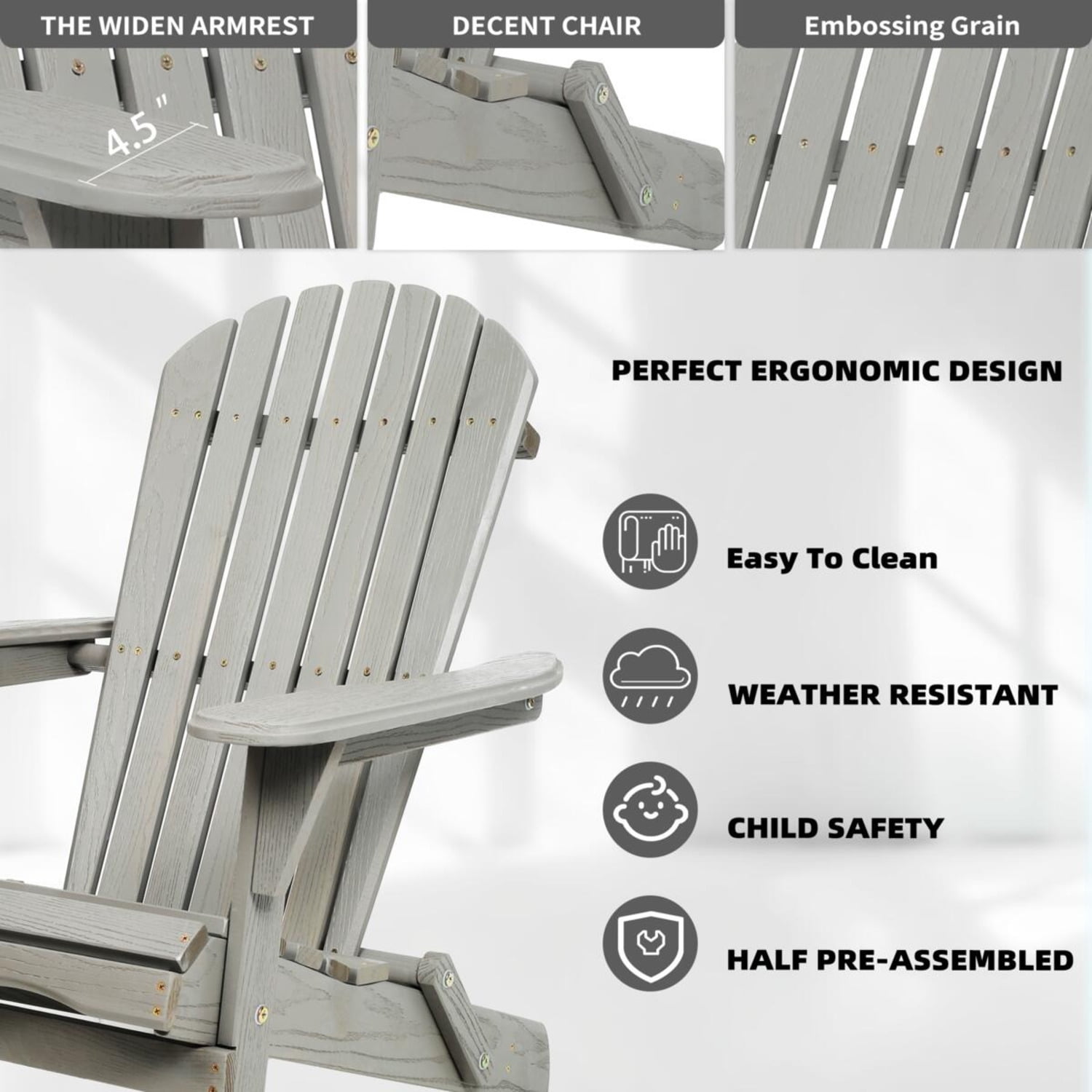 BOFANG Solid Cedar Folding Adirondack Chair Set of 2 for Patio,Gray