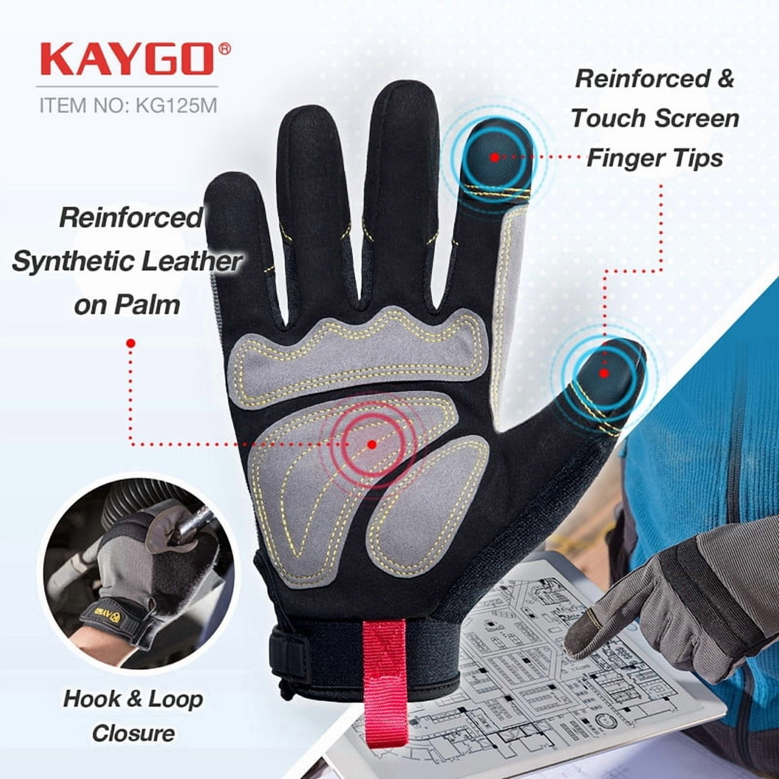 KAYGO Work Gloves For Men, KG125M Mechanic Utility Work Gloves for All Purpose, Excellent Grip, Heavy Duty, Improved Dexterity, Touch Screen, Gray, L