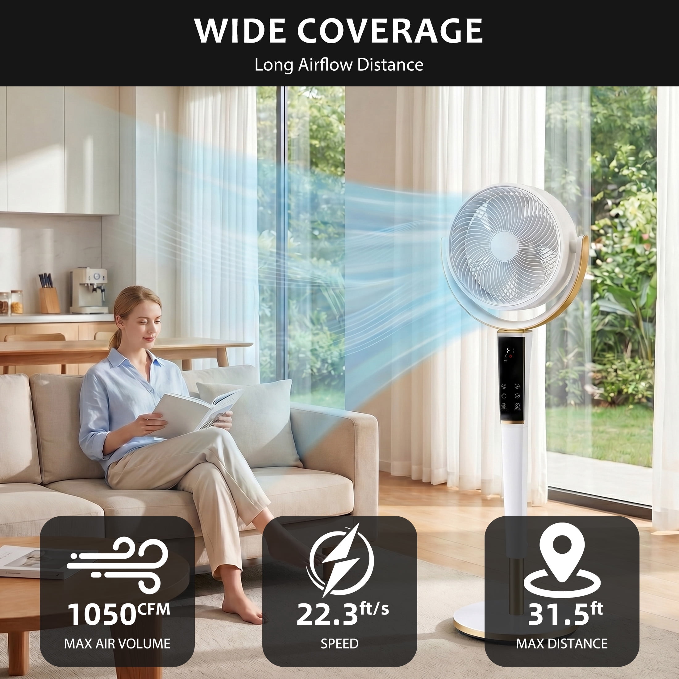 EDX Bedroom Pedestal Fan, Quiet 20dB DC Air Circulator, 15 Speeds 5 Modes, 120° Oscillation, 12H Timer, 1050CFM Airflow, 37-45" Adjustable Height, LED Light, Standing Fan with Remote, White