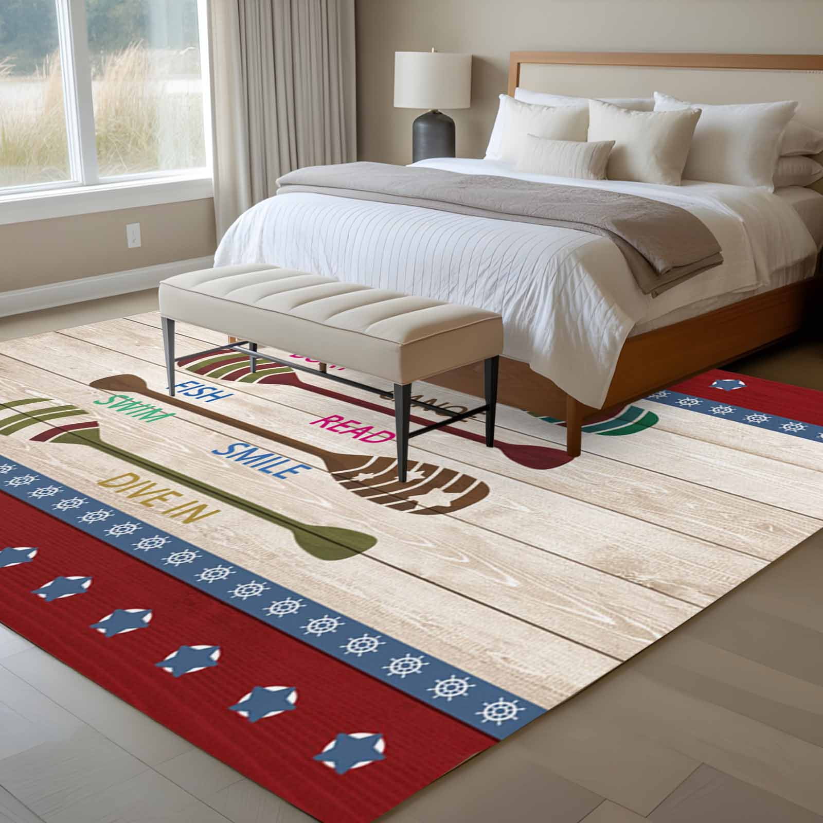 8x10 Area Rugs for Living Room, Lake Rules Non Slip Area Rugs for Kitchen Bedroom Entryway, Red Green Brown Paddle Striped Rudder Wooden Washable Carpet Runner Rug Floor Mats for Bedroom Home Decor