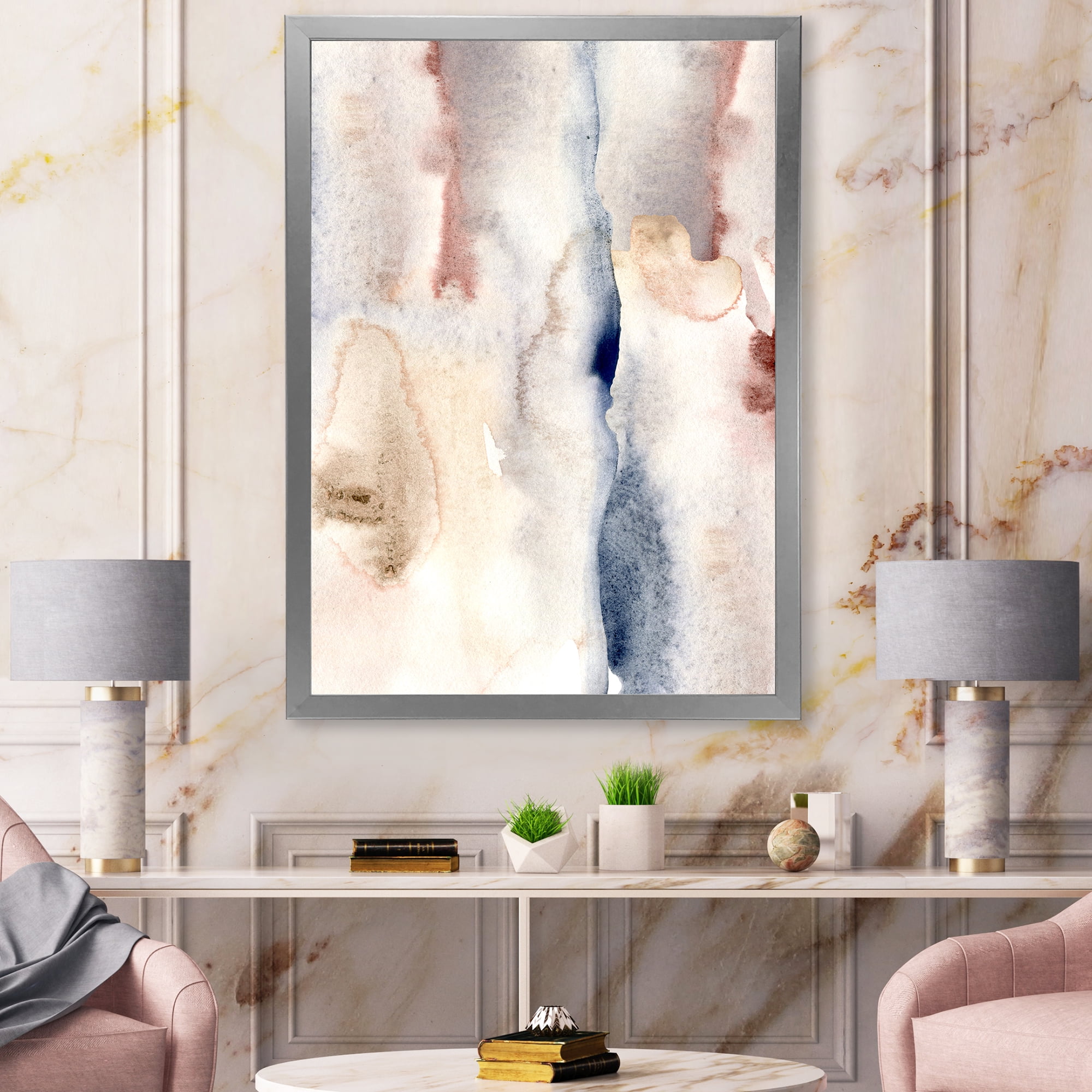 Designart 'Pastel Abstract With Pink Dark Blue and Gray Spots' Modern Framed Art Print